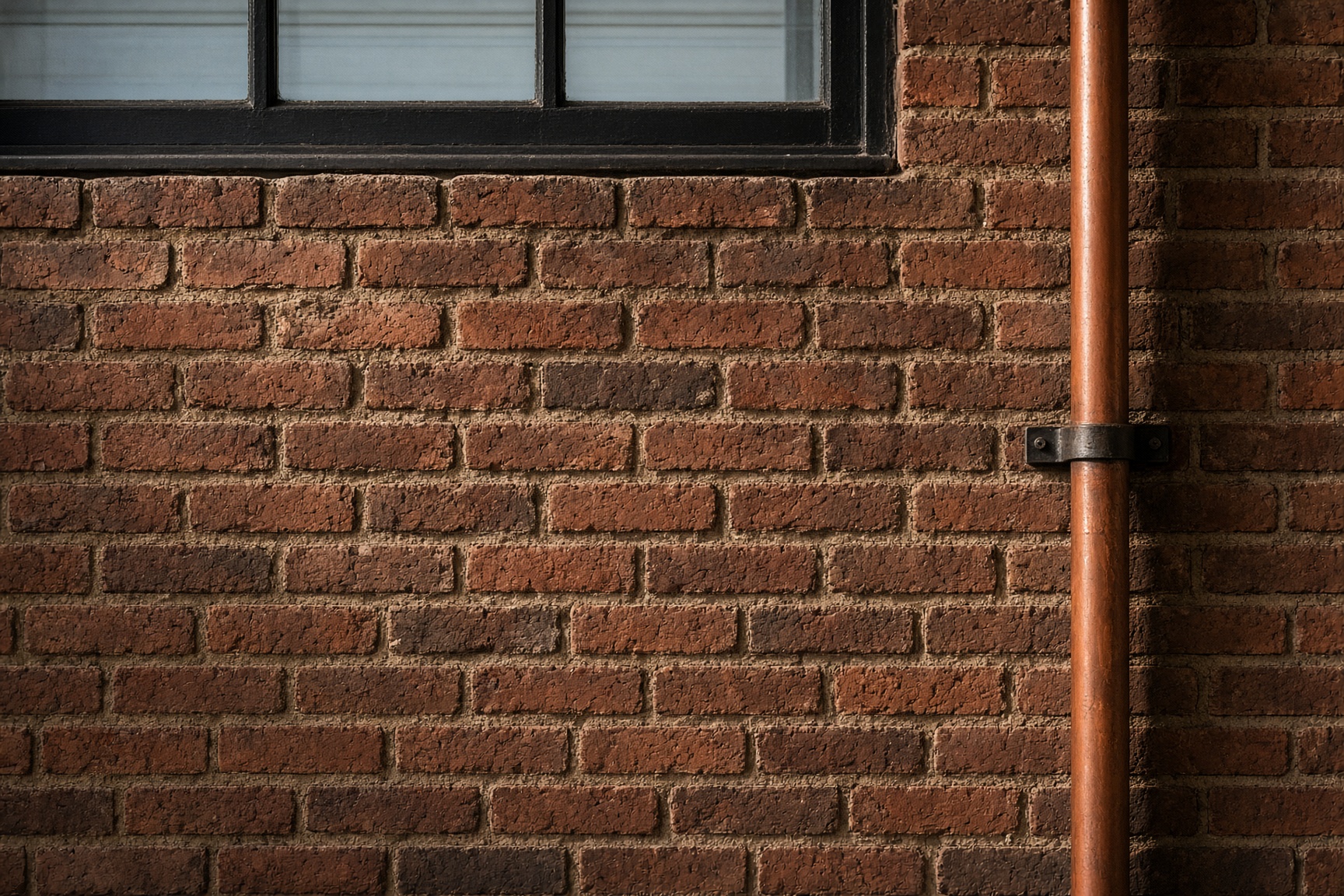 Historic warm brick accent wall with a black-framed industrial window and copper pipe in raking light.