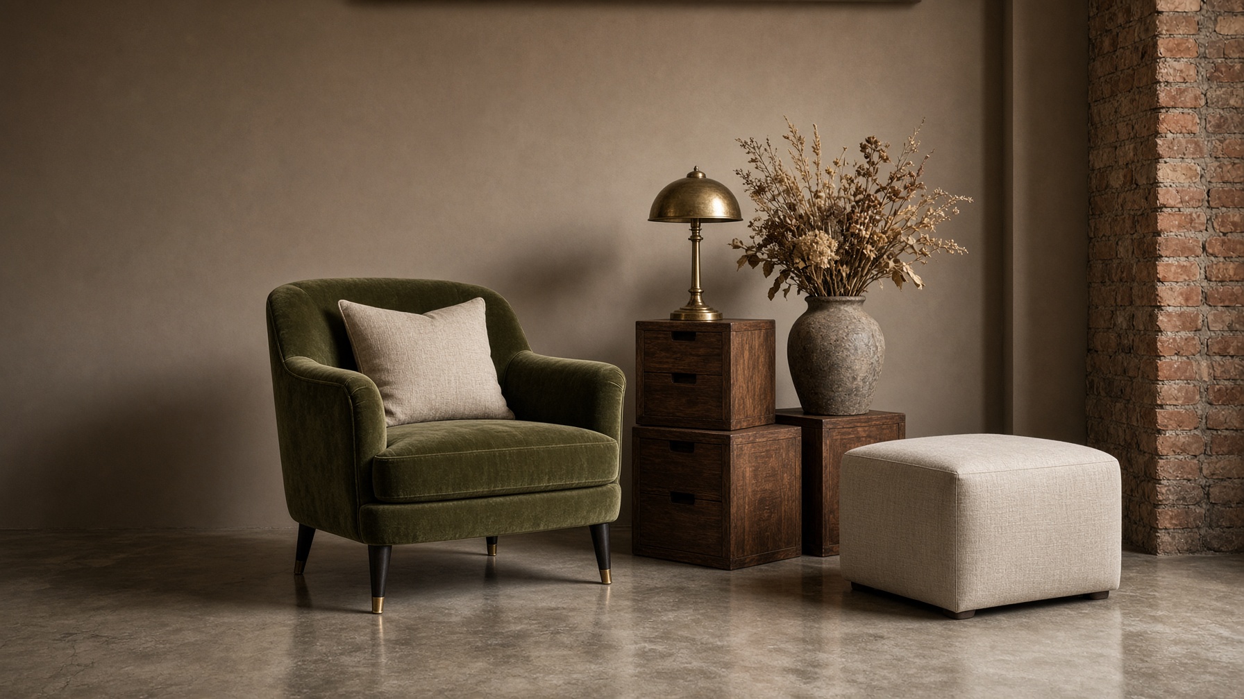 Olive velvet armchair, walnut styling cubes, and linen ottoman on a taupe painted wall.
