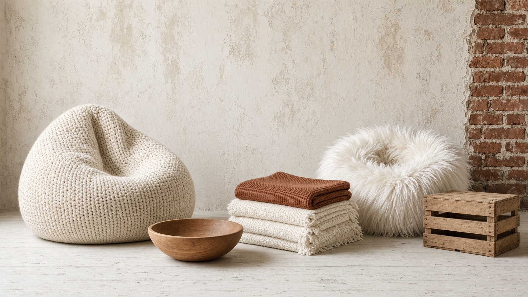 Newborn posing kit on a clean set: cream knit beanbag, wooden posing bowl, ivory and rust wraps, faux-fur nest. No baby.