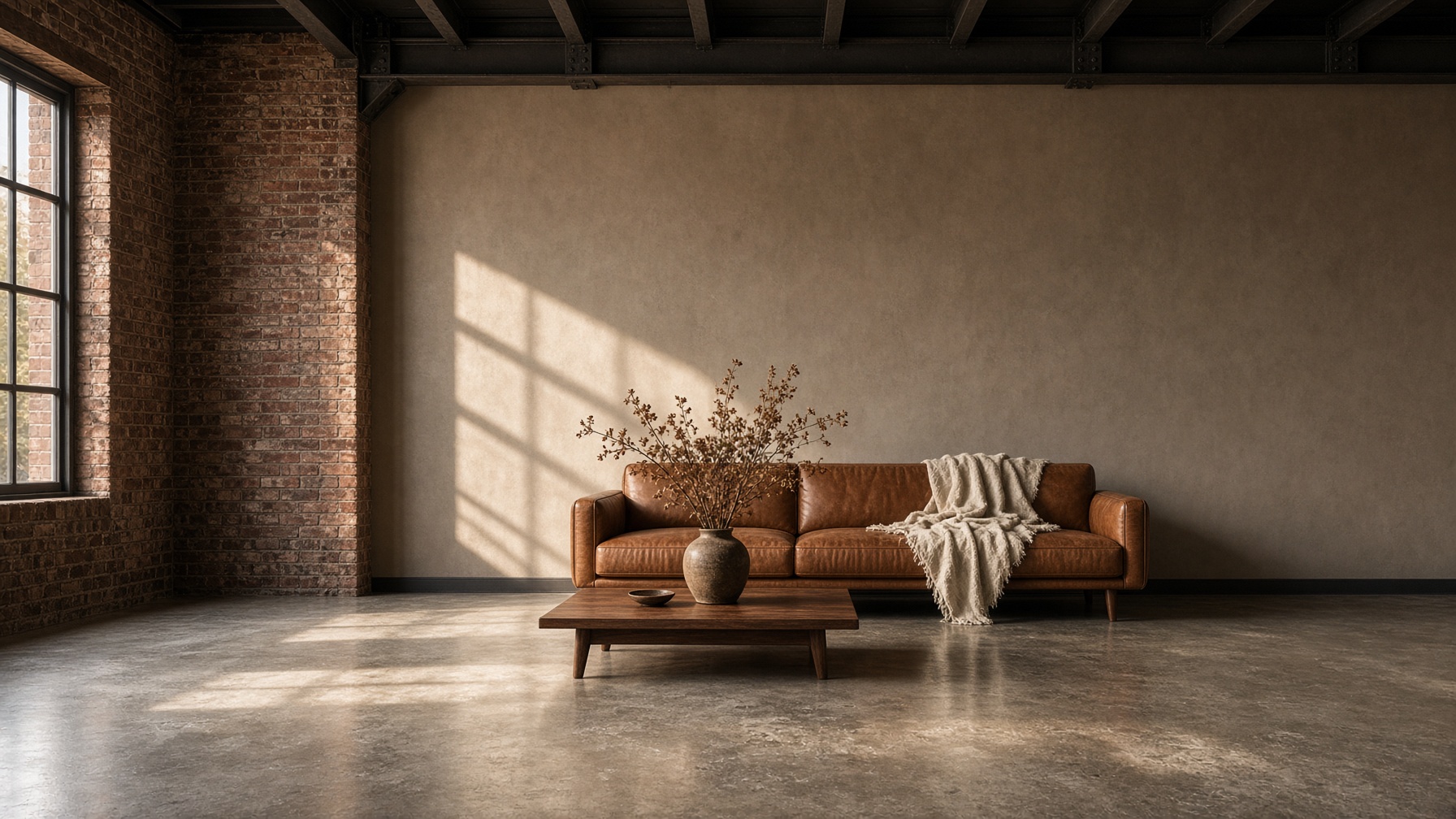 Caramel leather sofa and walnut table styled on a taupe painted wall with brick at the edge.