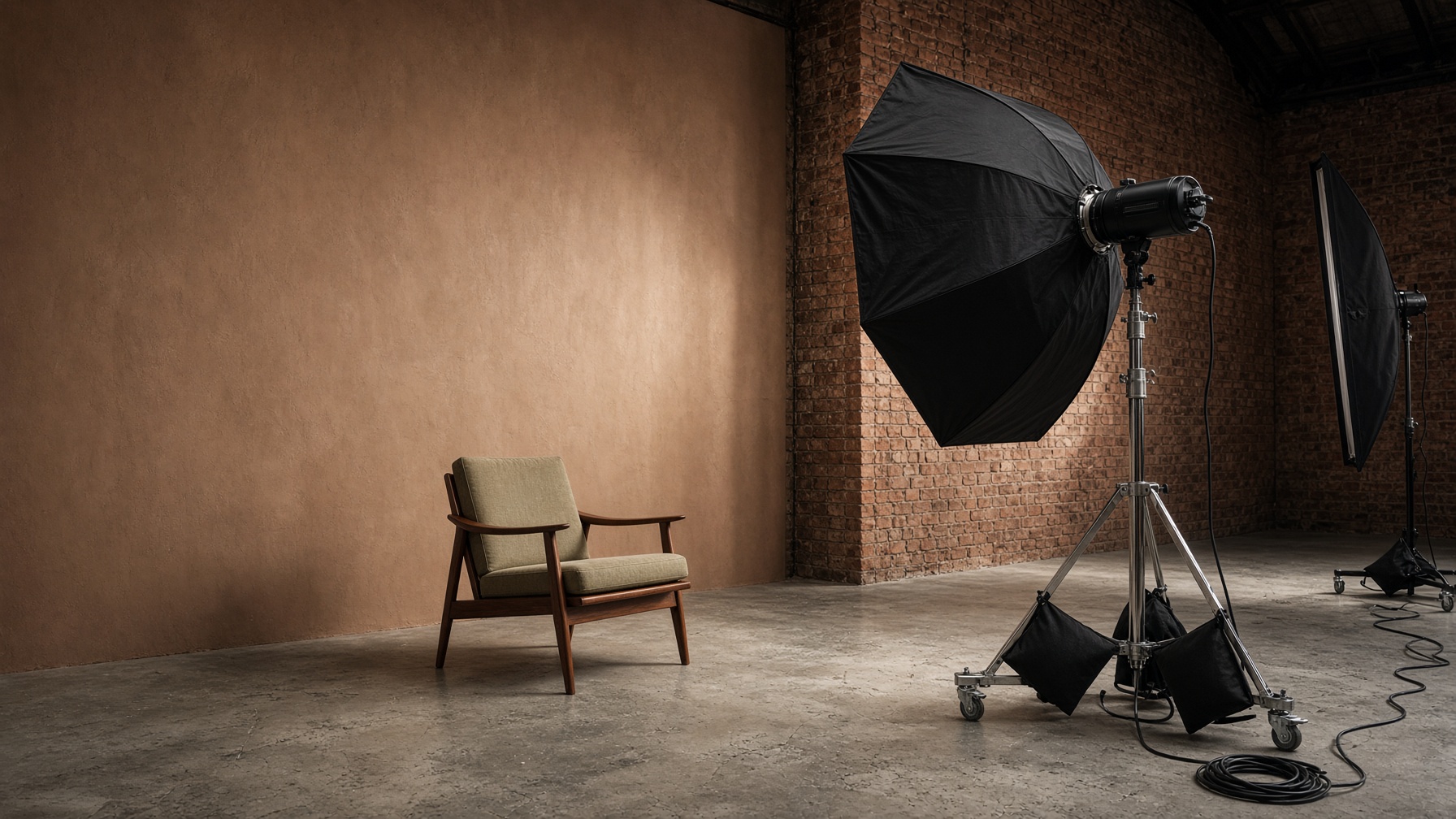 Working set: clay painted backdrop, walnut armchair, octabox on a C-stand and a second modifier lighting the wall. Empty of people.