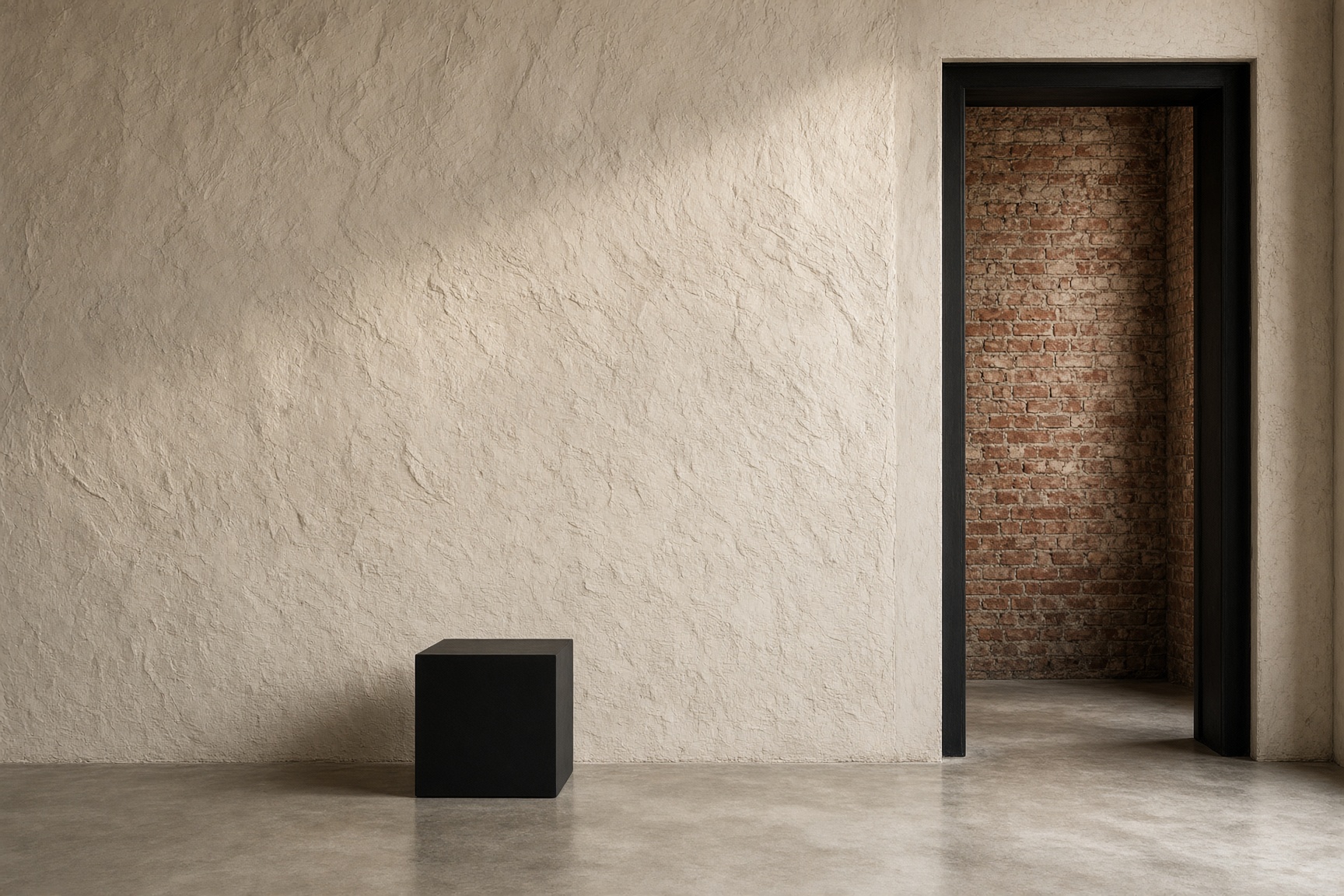 Bone limewash plaster backdrop with hand-troweled texture, black posing cube at the base, brick doorway beyond.