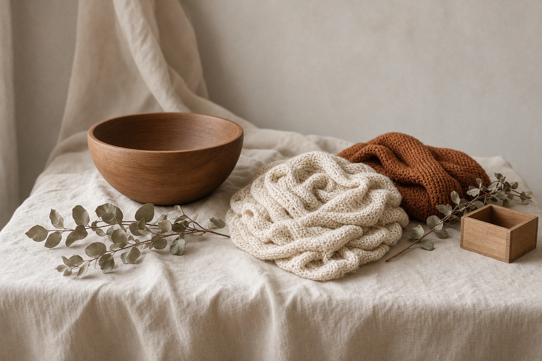 Still life of a wooden posing bowl, cream and rust wraps, eucalyptus, and a small wood crate.